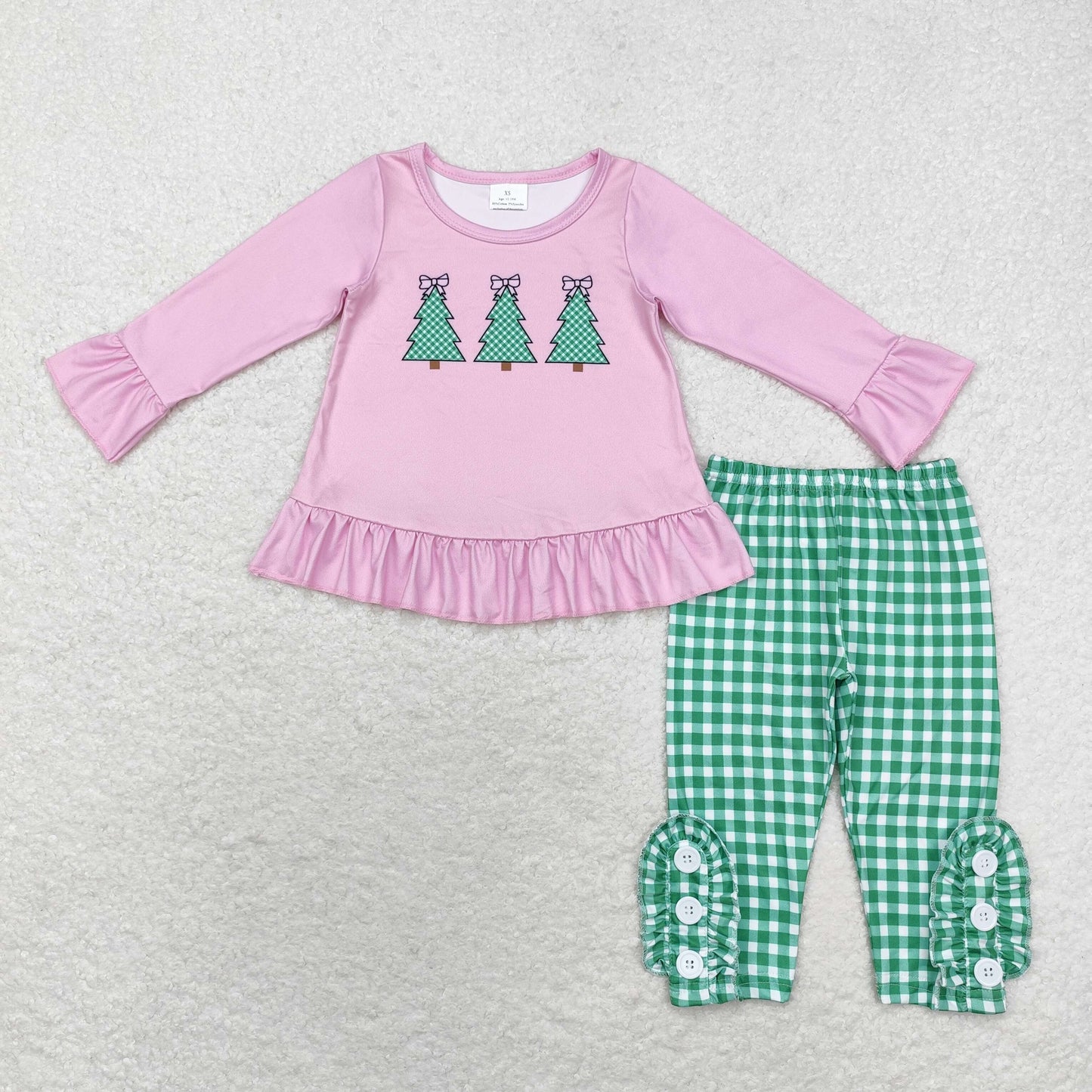 rts no moq GLP1505 Bow Christmas tree pink long-sleeved green plaid trousers set