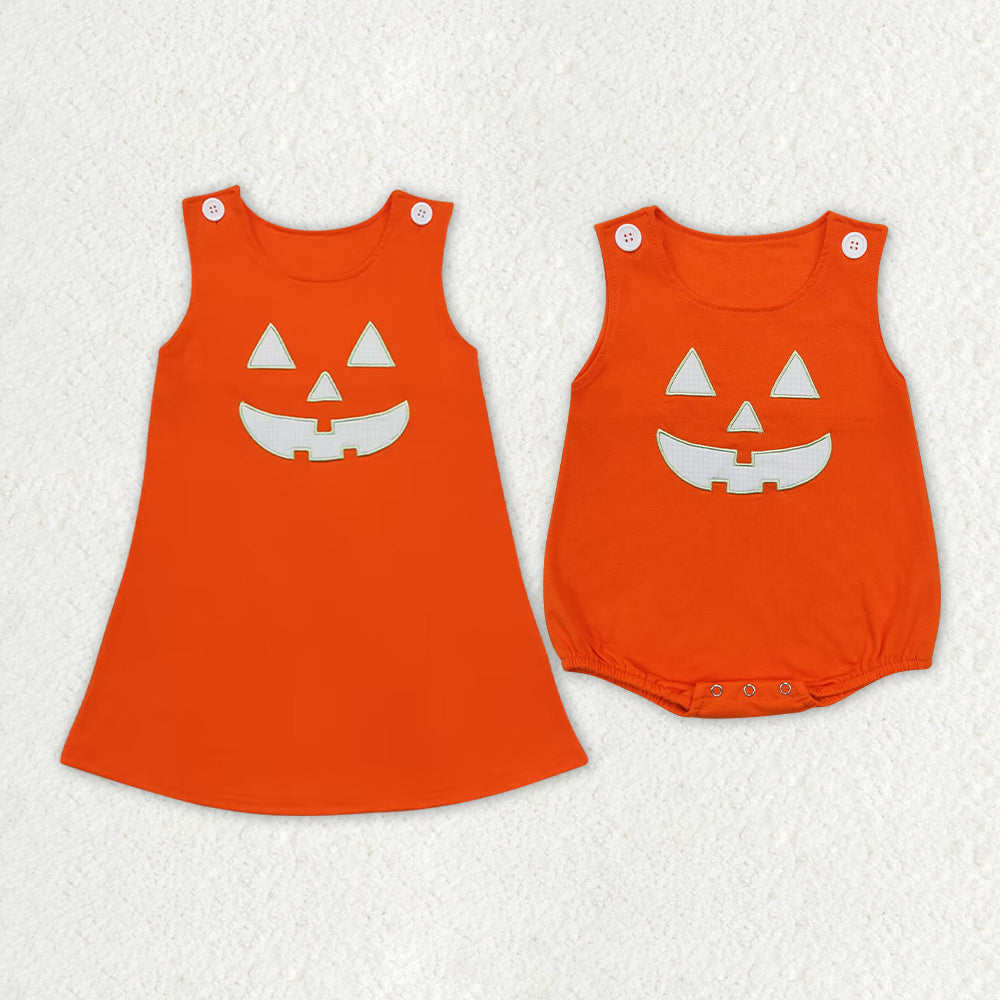 RTS NO MOQ Halloween face smiley embroidery orange  embroidered skirt romper