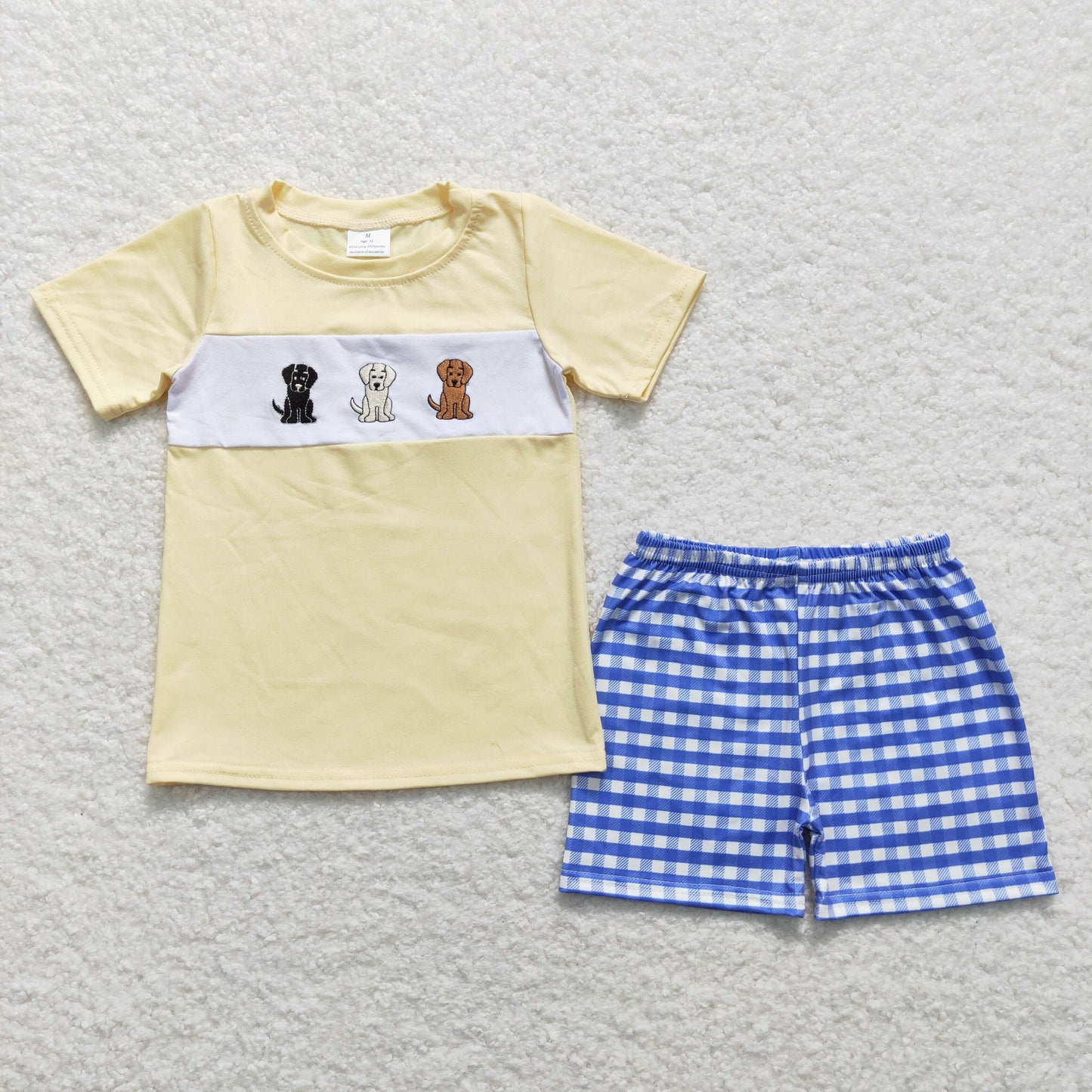 RTS NO MOQ（In Stock) Embroidered Three Puppies beige short-sleeved blue and white plaid shorts set