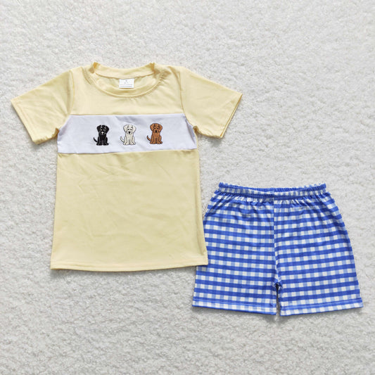 BSSO0598 Embroidered Three Puppies beige short-sleeved blue and white plaid shorts set