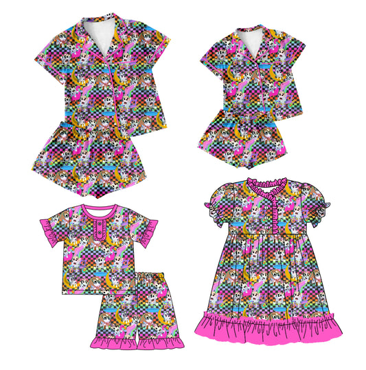 12.28 custom each style moq 5eta 4-6week Sibling Sister cartoon dog baby girls short sleeve shorts sets and adult sets and girls sets and dress match design