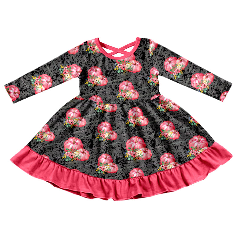 5.1custom each style moq 5eta 4-5week red pumpkin flower prints black jumpsuit and black top with bell-bottom pants and red lace black dress girls outfits