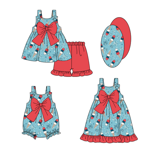 1.4 custom each style moq 5eta 4-6week Sibling Sistes baby girl short sleeve shorts sets and dress and rompers match family design