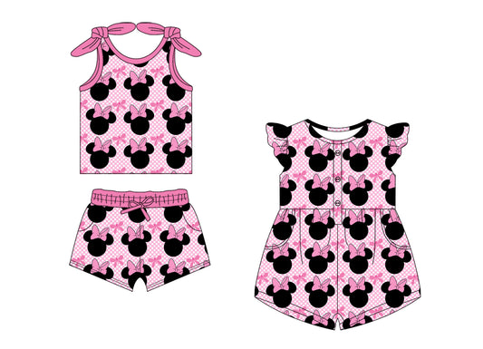 1.18 custom each style moq 5eta 4-6week Sibling Sister mickey head bow baby girls short sleeve shorts sets and jumpsuit match design