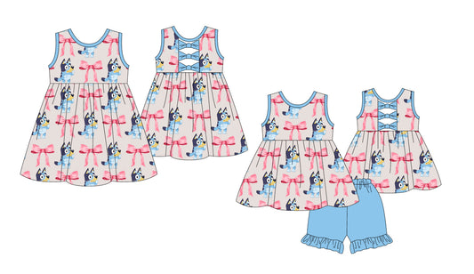 1.9 custom each style moq 5eta 4-6week Sibling Sister cartoon dog bow baby girl short sleeve shorts sets and dresses match design