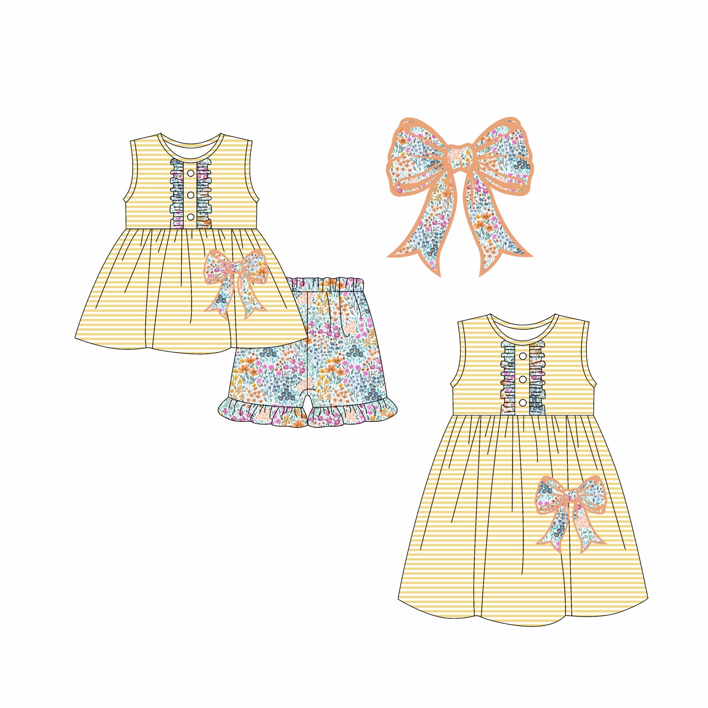 2.12 custom each style moq 5eta 4-6week Sibling Sister bow floral baby girl short sleeve shorts sets and dresses match design