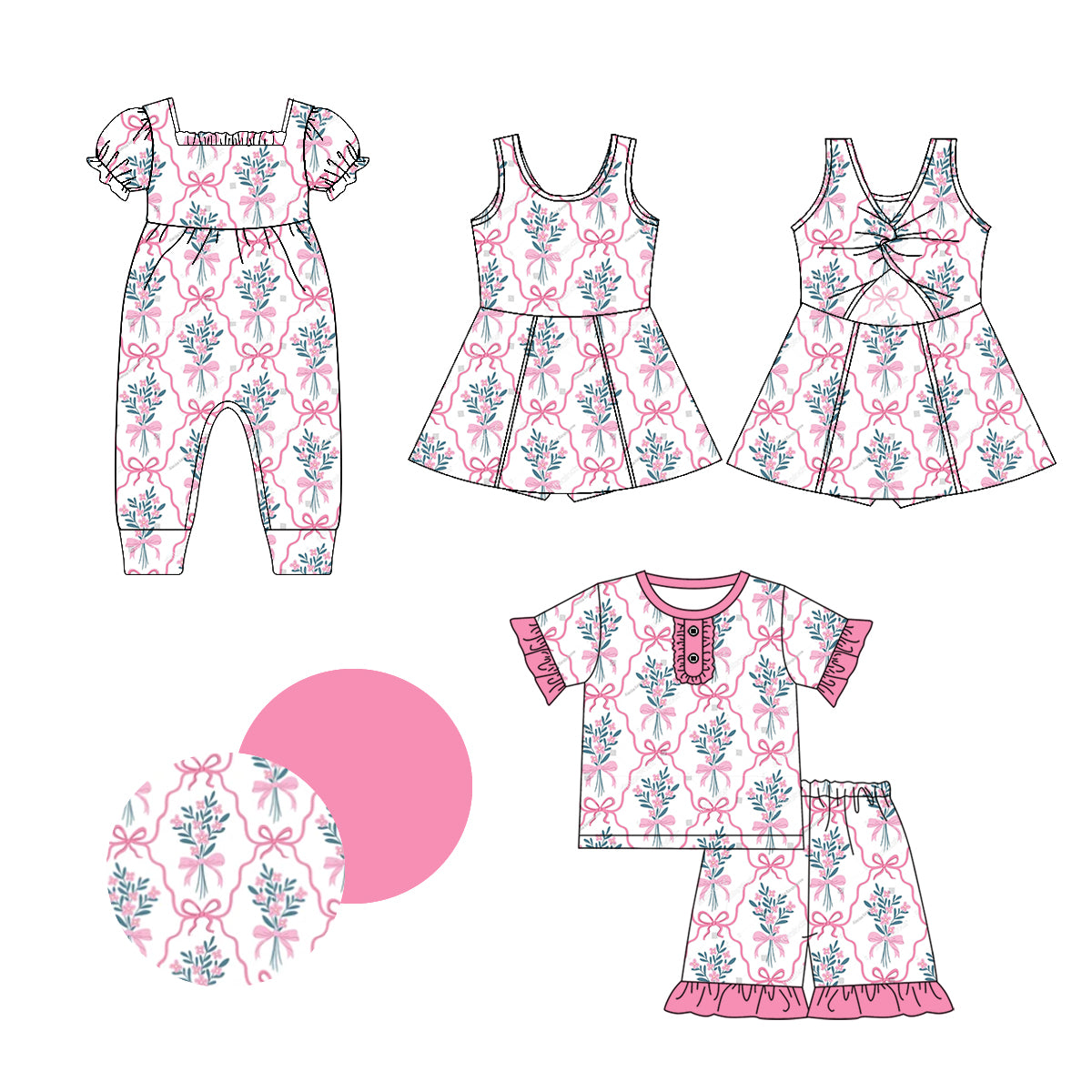 1.3 custom each style moq 5eta 4-6week Sibling Sister floral bow baby girl short sleeve shorts sets and dresses and romper match design