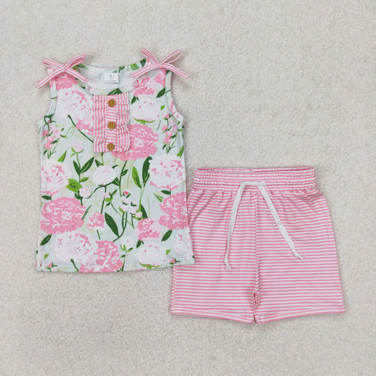 RTS NO MOQ ETA 5/7days Arrived GSSO2357 Flower and leaf button green sleeveless pink striped shorts set