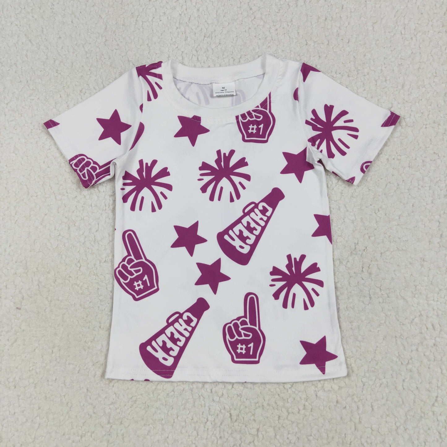 RTS NO MOQ（In Stock) GT0993 Cheer purple fireworks star white short sleeve top