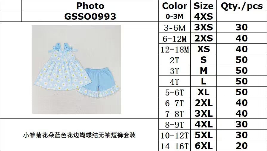 rts no moq GSSO0993 Daisy flower blue lace bow sleeveless shorts set