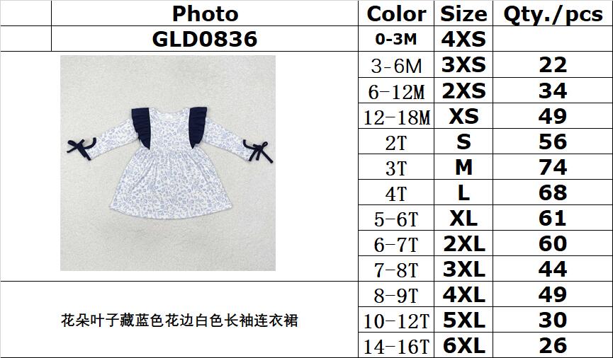 RTS NO MOQ ETA 5/7days arrived GLD0836 Flower leaf navy blue lace white long-sleeved dress