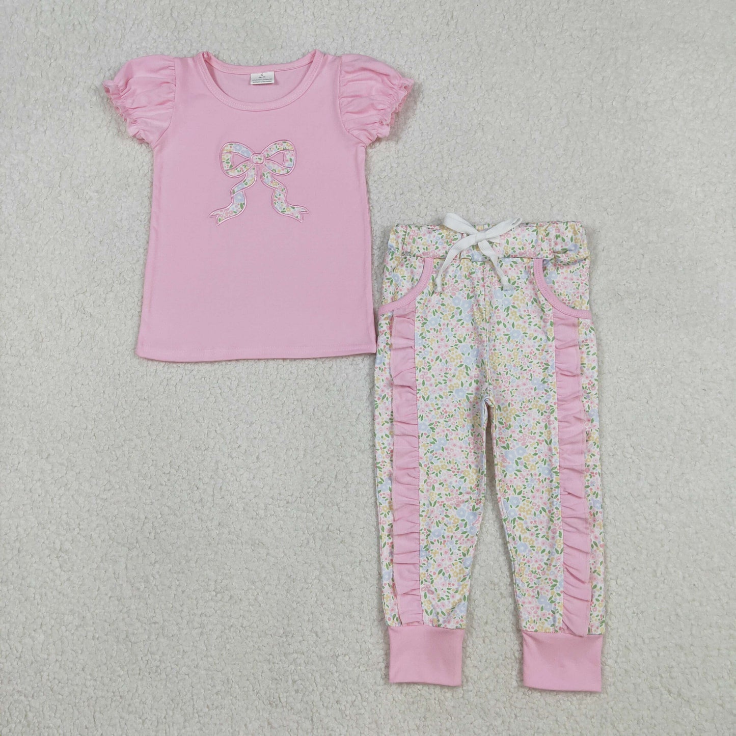 RTS NO MOQ（In Stock) Embroidered Floral Bow Pattern Pink Short-Sleeve Pants Set