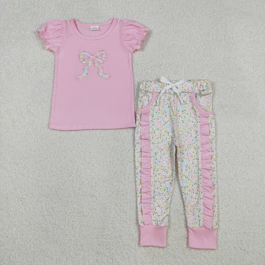 RTS NO MOQ（In Stock) Embroidered Floral Bow Pattern Pink Short-Sleeve Pants Set