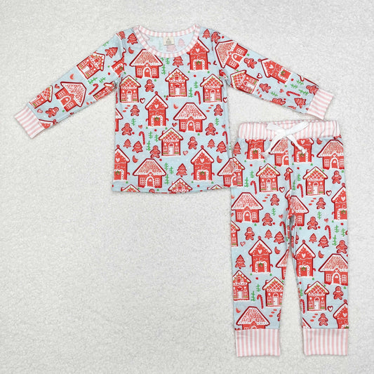 BAMBOO RTS NO MOQ ETA 5/7days GLP1582 Modal Christmas tree house gingerbread man blue long-sleeved trousers pajamas set