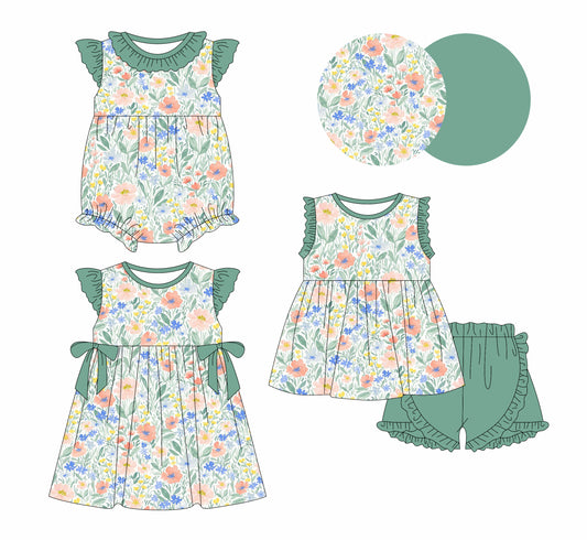 1.7 custom each style moq 5eta 4-6week Sibling Sister floral baby girl short sleeve shorts sets and dress and rompers match family design