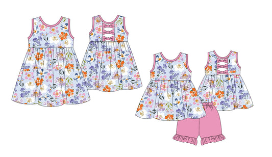 1.9 custom each style moq 5eta 4-6week Sibling Sister floral baby girl short sleeve shorts sets and dresses match design