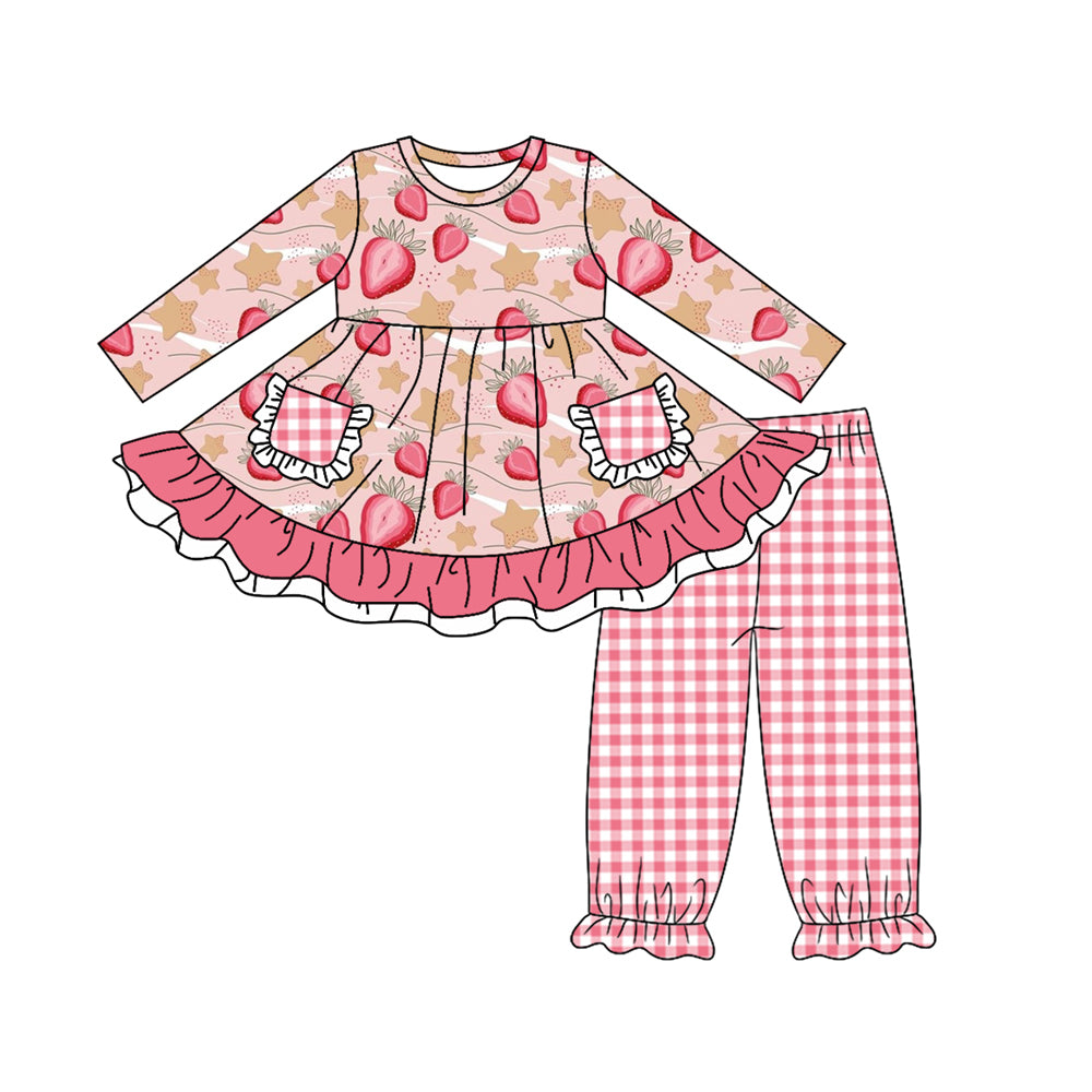 5.14custom each style moq 5eta 4-5week Sibling Sister Strawberry star print pink white plaid pink girls outfits and baby romper match family design