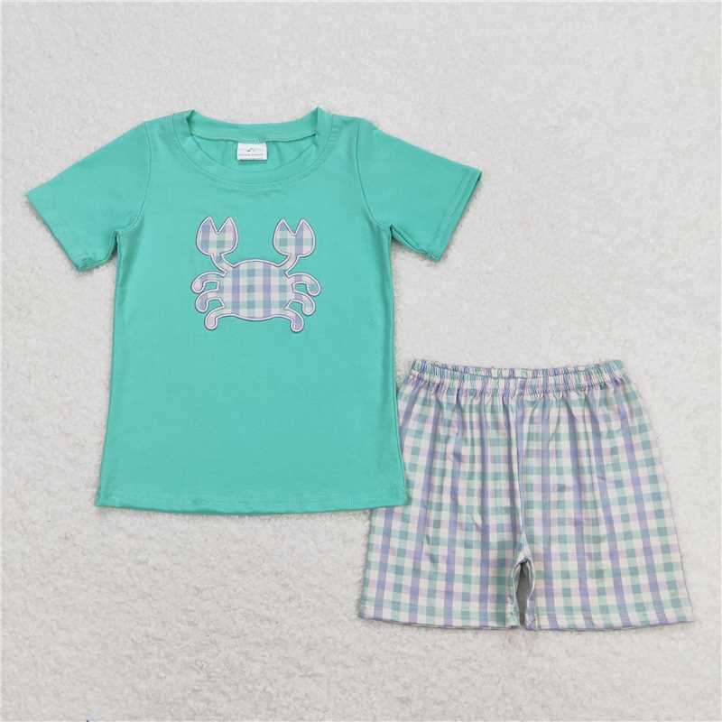 Baby Girls boys cartoon Crab print purple and green boys and girls set Family siblings set