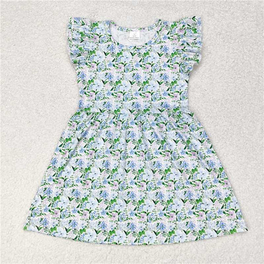 RTS SALES NO MOQ G6-13-5， Purple blue flower green leaves white flying sleeve dress 紫蓝色花绿叶白色飞袖裙