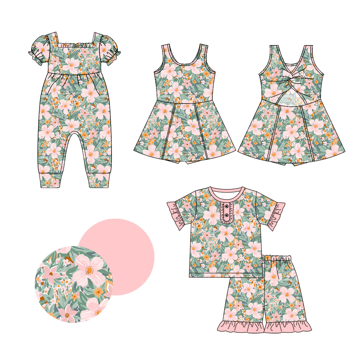 1.3 custom each style moq 5eta 4-6week Sibling Sistes floral baby girl short sleeve shorts sets and dress and rompers match family design