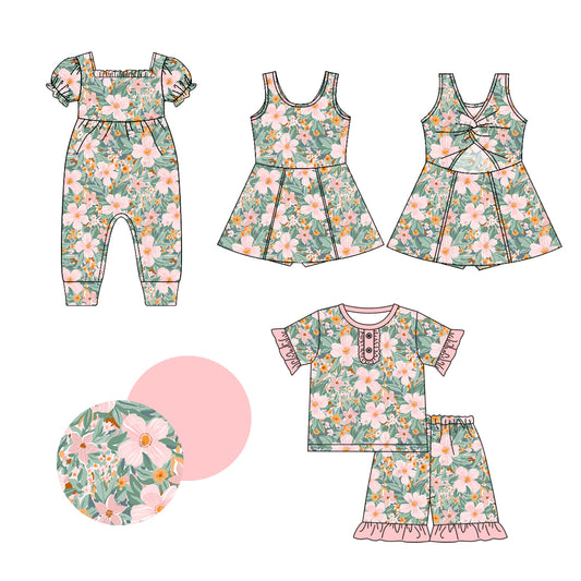 1.3 custom each style moq 5eta 4-6week Sibling Sistes floral baby girl short sleeve shorts sets and dress and rompers match family design