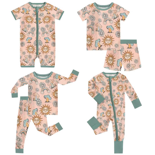 5.16custom each style moq 5eta 4-5week Sibling Sister sun rainbow print green boys outfits and baby romper match family design