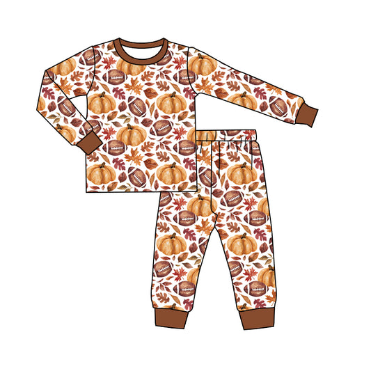 5.13custom each style moq 5eta 4-5week Sibling Sister Fall Maple Leaf Football Pumpkin print brown boys outfits and baby romper match family design