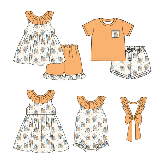 1.10 custom each style moq 5eta 4-6week Sibling Sister cartoon dog baby girl short sleeve shorts sets and dress and rompers match family design