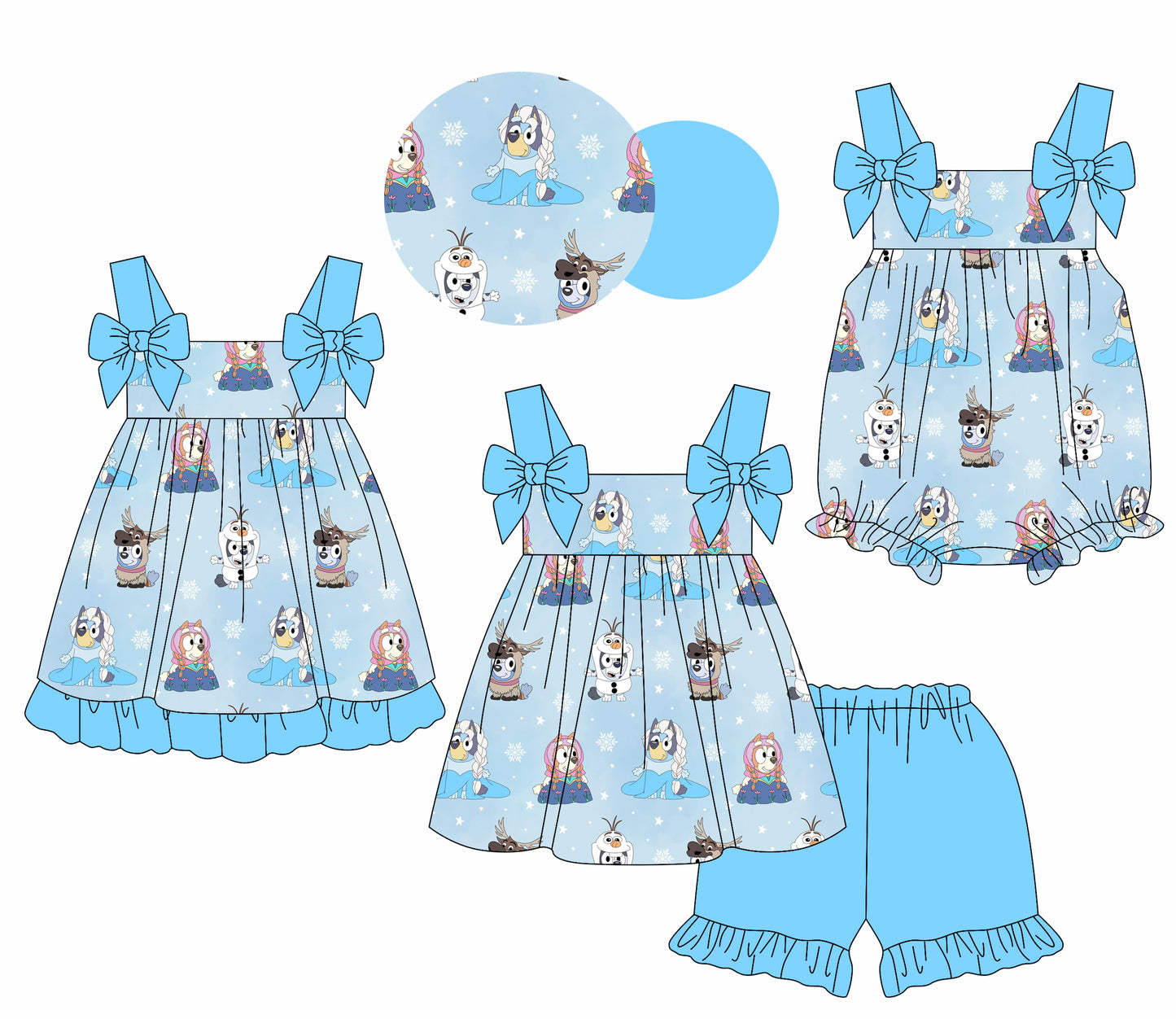 1.20 custom each style moq 5eta 4-6week Sibling Sisters cartoon dog baby girl short sleeve shorts sets and dress and rompers match family design