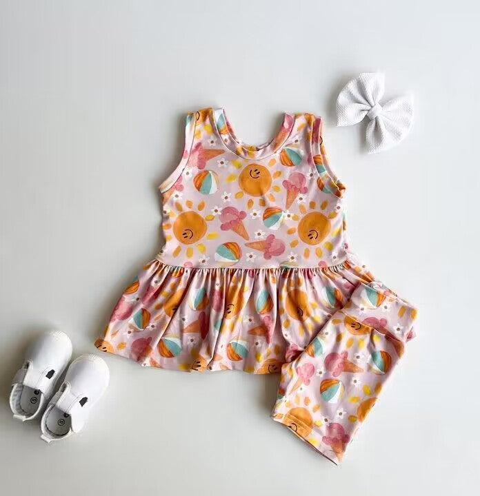 5.15custom each style moq 5eta 4-5week Sibling Sister sun and flower prints girls set