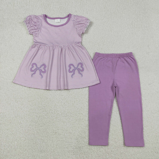 RTS NO MOQ（In Stock) Embroidered Purple Bow Pattern Striped Short-Sleeve and Pants Set