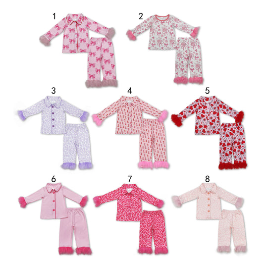 RTS NO MOQ Baby Girls and adults women Pink Plush Button Long Sleeve Long Pants Pajama Set