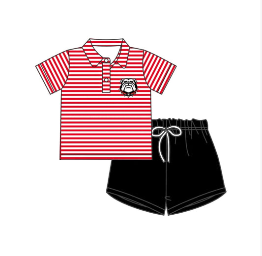 Deadline September 20  custom no moq  eta 6-8weeks  Red Striped Button Stand Collar Short Sleeve-Black Drawstring Shorts Set