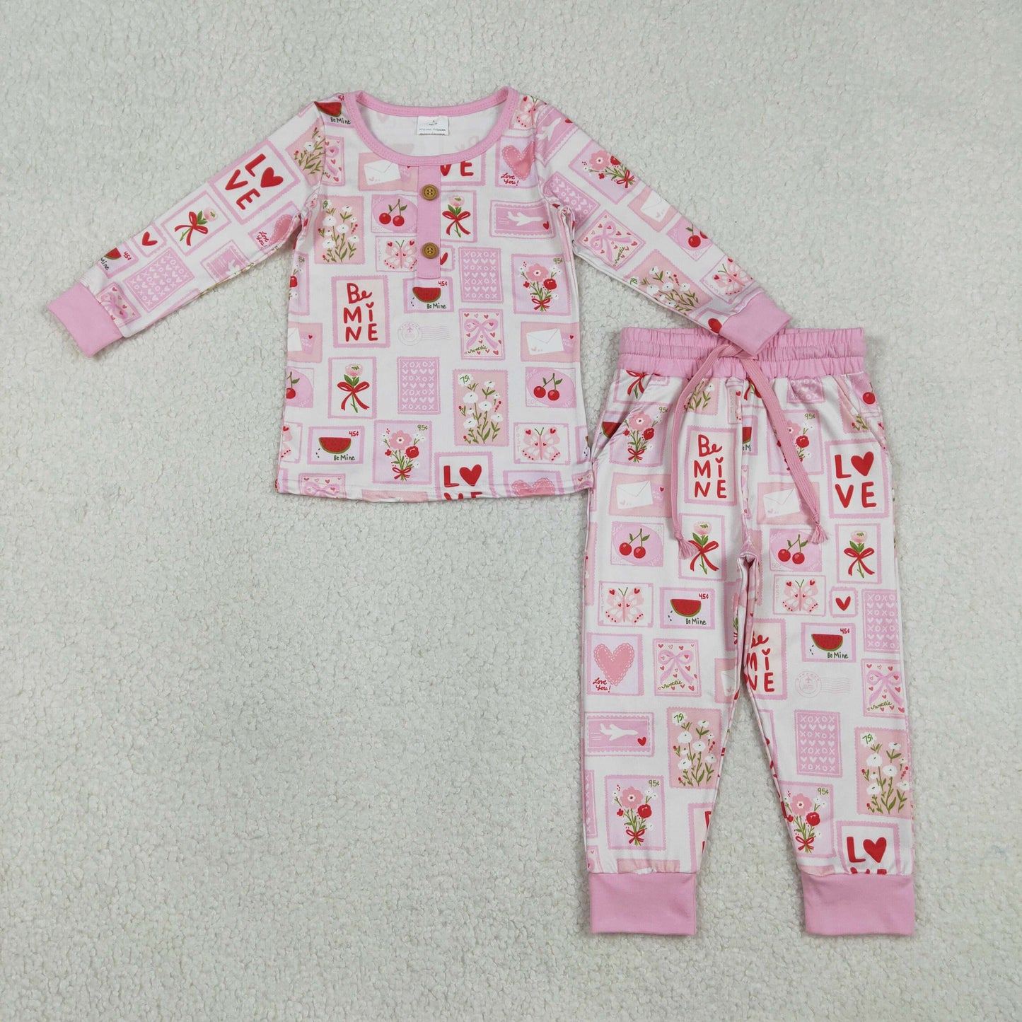 RTS NO MOQ（In Stock) GLP2946 Love Heart Flower Cherry Checkered Square Pink and White Long-Sleeve Pants Pajama Set