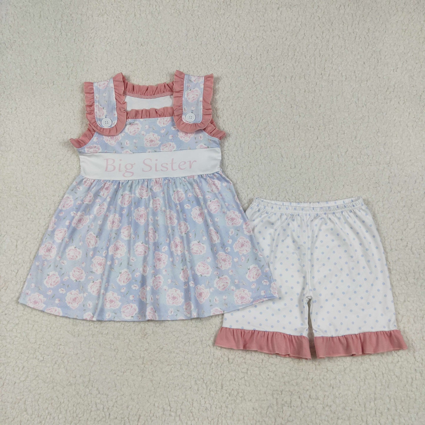 RTS NO MOQ GSSO2350 Big sister blue sleeveless polka dot shorts set with letters and flowers