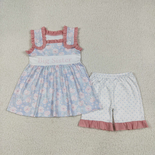 RTS NO MOQ GSSO2350 Big sister blue sleeveless polka dot shorts set with letters and flowers