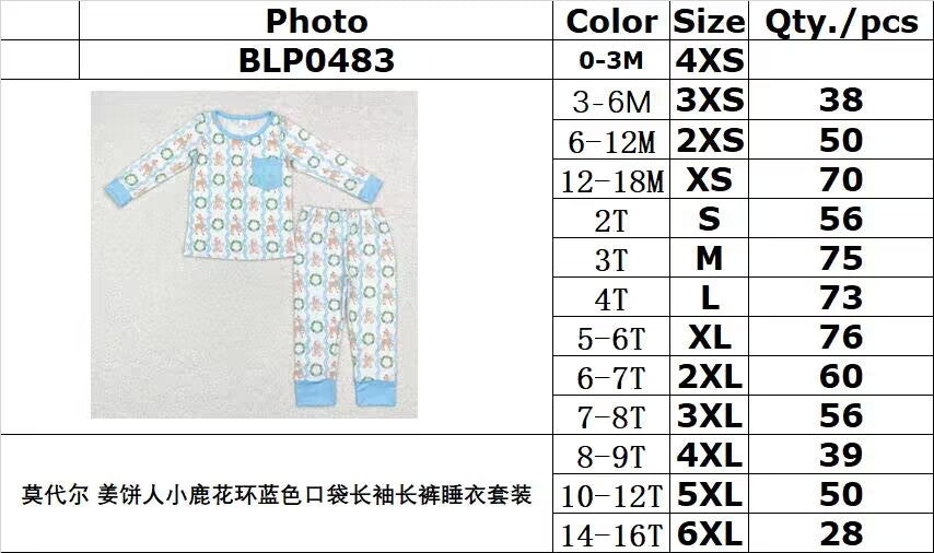 bamboo rts no moq BLP0483 Modal gingerbread man deer wreath blue pocket long-sleeved trousers pajama set