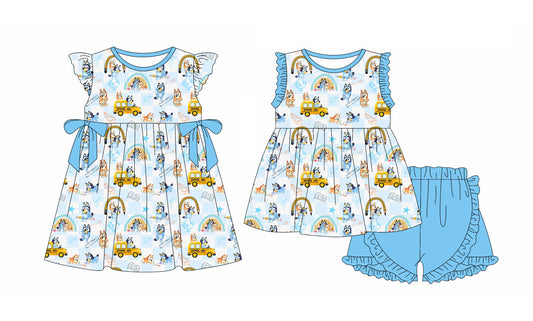 1.3 custom each style moq 5eta 4-6week Sibling Sister cartoon dog baby girl short sleeve shorts sets and dresses match design