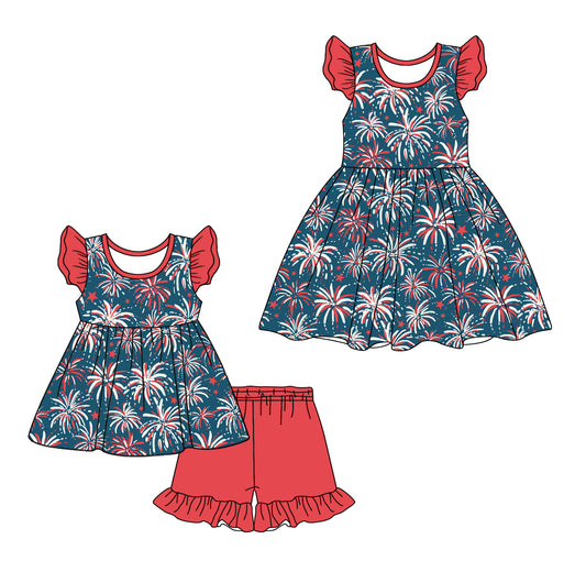 1.4 custom each style moq 5eta 4-6week Sibling Sister firework baby girl short sleeve shorts sets and dresses match design