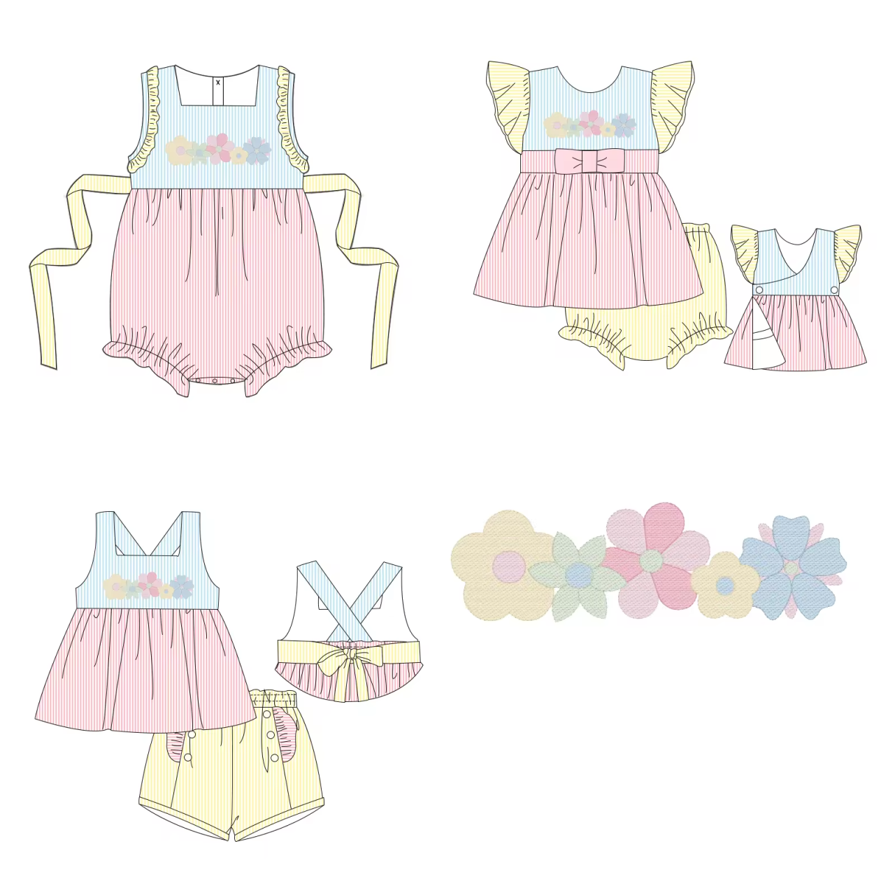 5.14custom each style moq 5eta 4-5week Sibling Sister flower print pink-blue girls dress and baby romper match family design