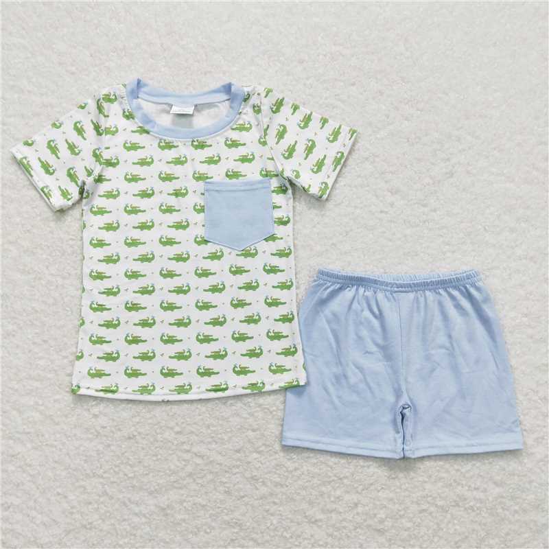 Baby Girls cartoon crocodile prints blue Sibling Rompers Clothes Sets