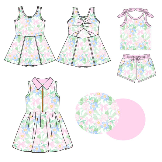 1.23 custom each style moq 5eta 4-6week Sibling Sister bow floral baby girl short sleeve shorts sets and sets 2 and dress match design