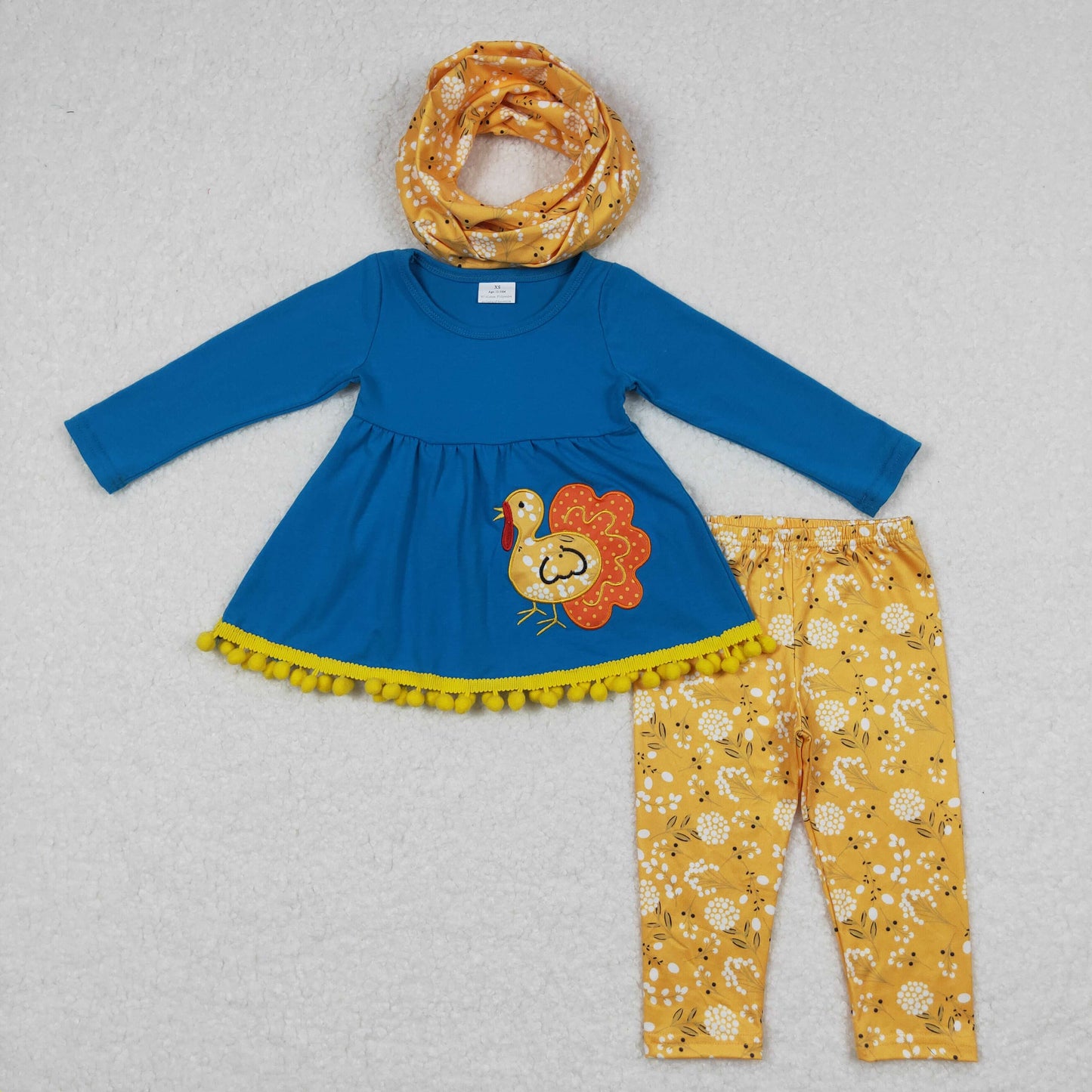 GLP0720 Embroidered Turkey Blue Long Sleeve Flower Yellow Pants Suit Three-piece Scarf Set