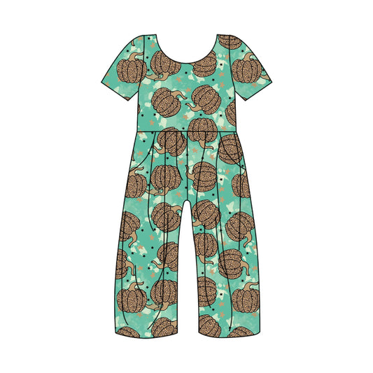 5.2custom each style moq 5eta 4-5week Sibling Sister Halloween pumpkink prints green girls jumpsuits and dress and baby romper match family design