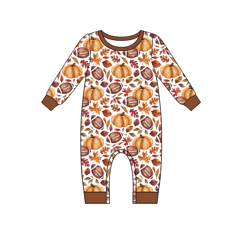 5.13custom each style moq 5eta 4-5week Sibling Sister Fall Maple Leaf Football Pumpkin print brown boys outfits and baby romper match family design