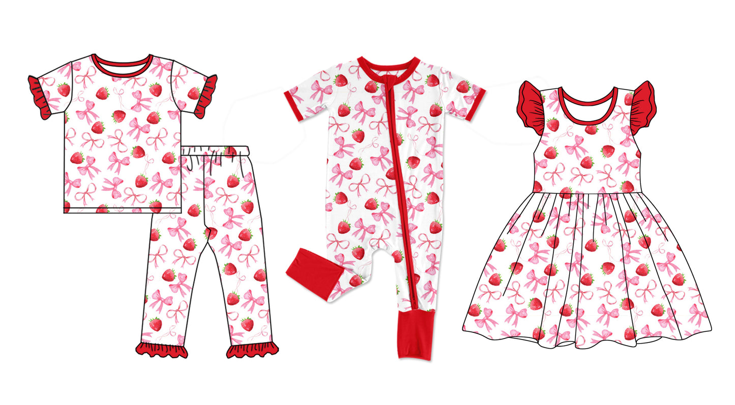 12.31 custom each style moq 5eta 4-6week Sibling Sister strawberry bow baby girl sets and dress and rompers match family design