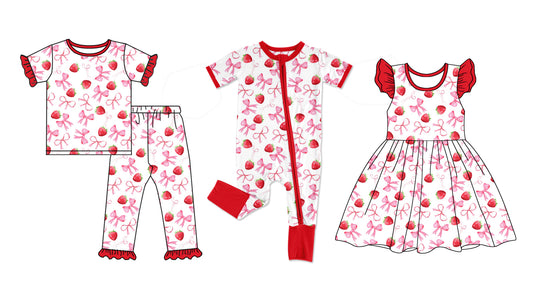 12.31 custom each style moq 5eta 4-6week Sibling Sister strawberry bow baby girl sets and dress and rompers match family design