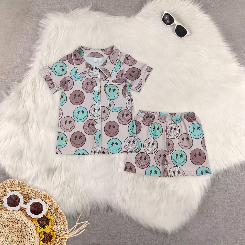 RTS NO MOQ Adult Girls smiley Short Sleeve Shorts Pajama Set & kids shorts sets