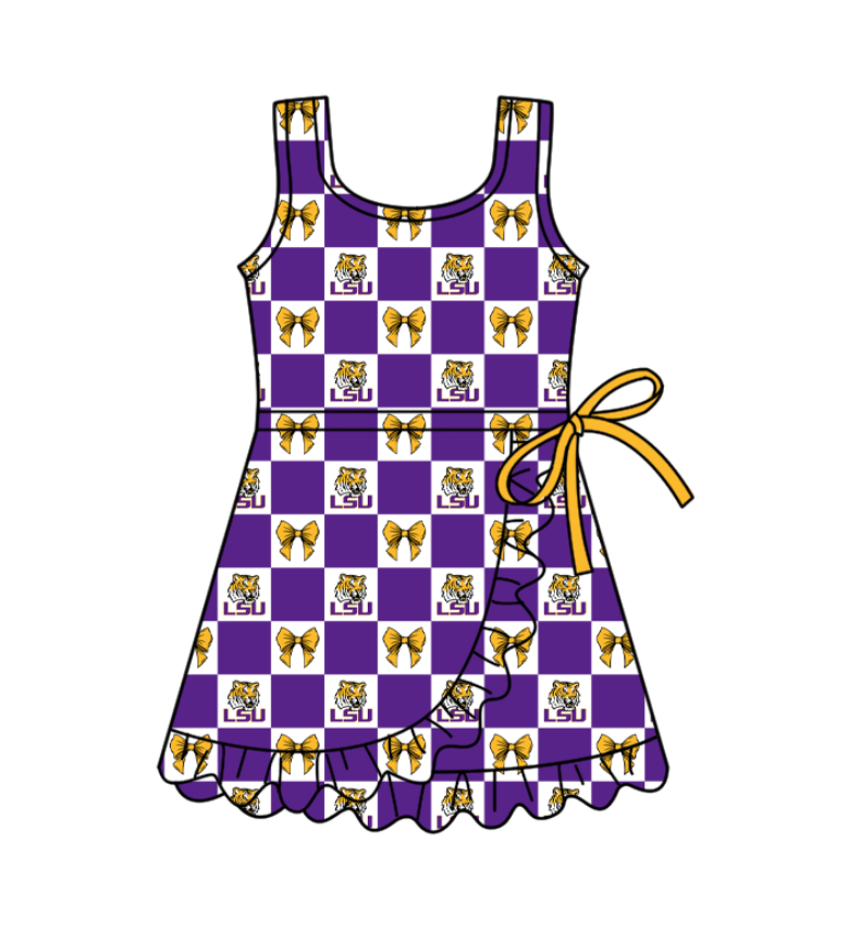 Custom moq 5 mix size milk silk baby girl clothes team summer bow purple sleeveless dress
