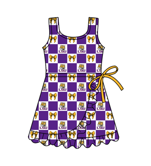 Custom moq 5 mix size milk silk baby girl clothes team summer bow purple sleeveless dress